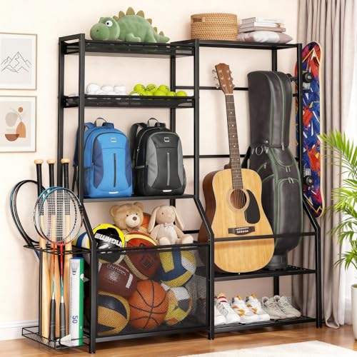 Insdiy Garage Sports Equipment Organizer, Golf Bag Storage Rack Heavy Duty Ball Organizer with Baskets, Bat Holder & Shoe Shelf, Multi-Purpose Toys Sports Gear Storage for Indoor Outdoor