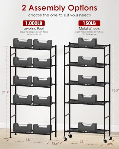 Sakugi Storage Shelves Organizer - 5 Tier Metal Shelf Organizer with Metal Wheels and Adjustable Leveling Feet, Heavy Duty Garage Shelving for Kitchen, Pantry and Closet, 33.1"x12.6"x73.5", Black
