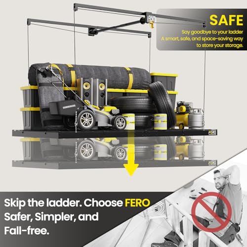 FERO Overhead Garage Storage Rack, 500 lb Capacity, 4x8 FT Garage Ceiling Storage Rack with Safety Lock, Heavy-Duty Ceiling Mounted Lift System, Drop-Down Garage Ceiling Organizer