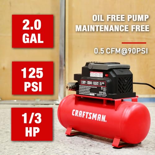 Craftsman Air Tools, 2 Gallon Portable Air Compressor 1/3 HP Oil-Free Max 125 PSI Pressure, Hot Dog, Model: CMXECXA0200243