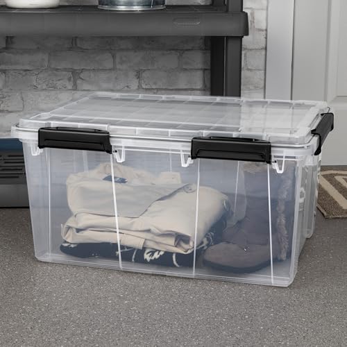 Sterilite 8 Pack 80 Qt Gasket Box, Clear Stackable Plastic Storage Container with Lids, Black - Waterproof and Dustproof Tote for Home Organization