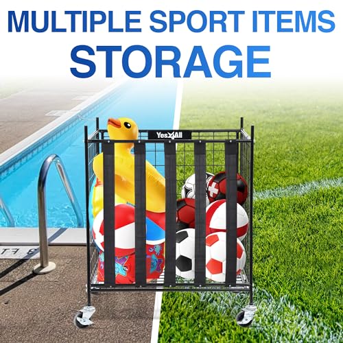 YES4ALL Metal Rolling Sports Ball Storage Cart with Lockable Wheels – Heavy-Duty Basketball, Football & Volleyball Holder for Garage, Gym or School – Large Equipment Organizer with Easy-Access Elastic Bands