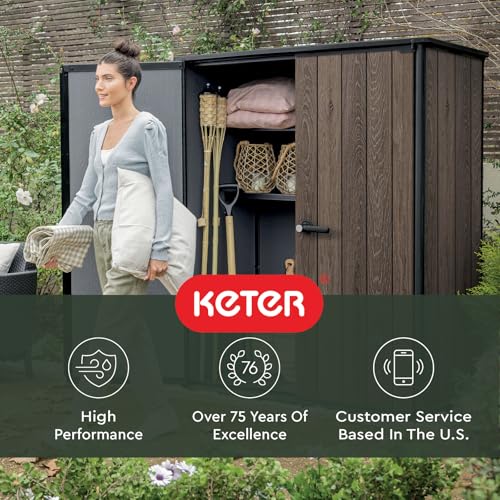 Signature Collection Vertical Outdoor Storage Shed, Weather-Resistant Resin Storage Cabinet with Double Doors & Heavy-Duty Floor, Walnut
