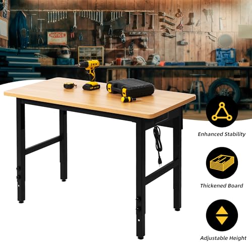 48" Adjustable Workbench with Power Outlets, Work Table for Garage, 2000 LBS Capacity Hardwood Work Bench, Heavy Duty Table for Workshop, Office, Garage, Home
