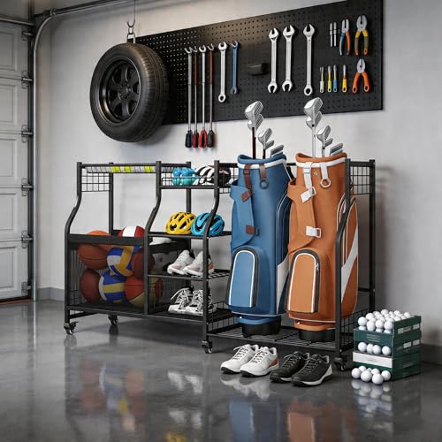 Ultrawall Sports Equipment Organizer with Wheels, Golf Bag Stand for Garage, Ball Storage Rack, Golf Bag Holder, Kids Toy Storage for Indoor/Outdoor