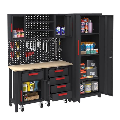 Big RED Garage Storage Cabinets System, 6-Pcs Workshop Cabinet Set in Black, Included Steel Cabinets Drawers Rolling Chest and Pegboard,Locked Garage Storage Cabinet