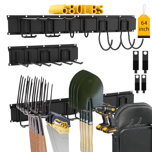 CBWLWJ 64'' Garage Tool Organizer Wall Mount - Heavy Duty 680 lbs Capacity Tool Rack with 10 Adjustable Hooks, Wall Mounted Storage System for Garage, Shed, Workshop (Black)