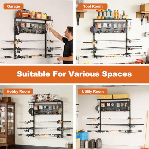 Olakee Wall Mount Fishing Rod Holders, Large Capacity Fishing Pole Holders for Garage Organizer, Horizontal Fishing Pole Rack Holds Up to 6 Rods with Pegboard & Hooks, Ideal Gift for Men Dad Anglers