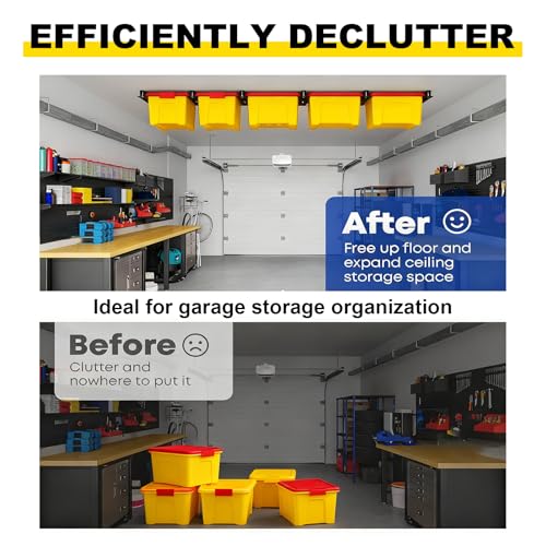 Yuleimy Overhead Garage Storage Rack for 27 Gallon Totes (6-Pack for 5 Bins), Heavy Duty Metal Ceiling Mount Hanging Bin Rails, Adjustable Storage Track System for Workspace Organization