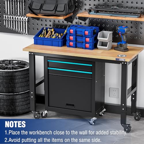 WORKPRO Garage Workbench, 48"X22" Adjustable Workbench with Wheels, Rubber Wood Top Heavy-Duty Workstation with Power Outlets, 1000 LBS Stationary Load Capacity, for Workshop, Garage