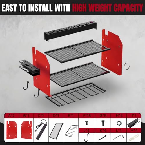 SecureElastic Modular Power Tool Organizer Wall Mount with Charging Station, 3-Layer Heavy Duty Drill Holder Rack & 8-Outlet Power Strip for Garage Workshop Storage