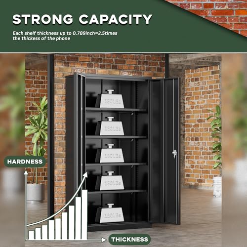Greenvelly 72" H Metal Storage Cabinet, 36" W x 18" D Black Locking Metal Garage Storage Cabinet with Doors and 4 Adjustable Shelves, Lockable Steel Cabinets for Home Office, Garage, Shop, School