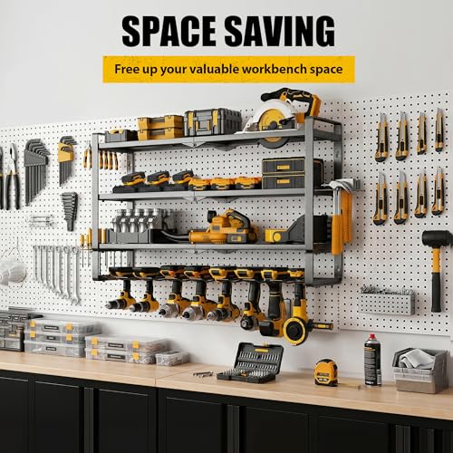 MOOMSINE Large Power Tool Organizer Wall Mount, 4-Tier Heavy Duty Metal Storage Rack Loads 400lbs, Battery Tools Hanger with 8 Cordless Drill Holder for Garage, Workshop, Pegboard, Shed