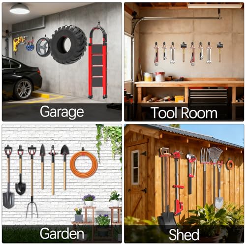 3-H Heavy Duty Garage Wall Hooks 20 Pack, Anti-Slip PVC Coating Wall Mount Garage Storage Utility Hooks, Heavy Load Organizer for Ladders, Yard Tools, Shovel, Weed Eater, Hoses & Bulk Items,Red