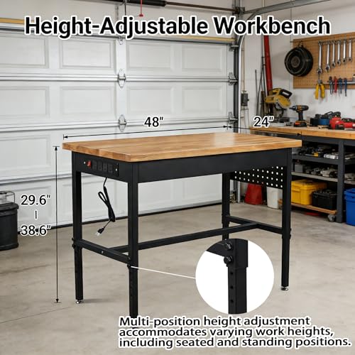 48/60/70 Inch Adjustable Workbench with Power Outlet Heavy Duty 2500 LBS Load Capacity Hardwood Work Table for Garage 6 Level Height Adjustable Workshop Bench (48"x24")