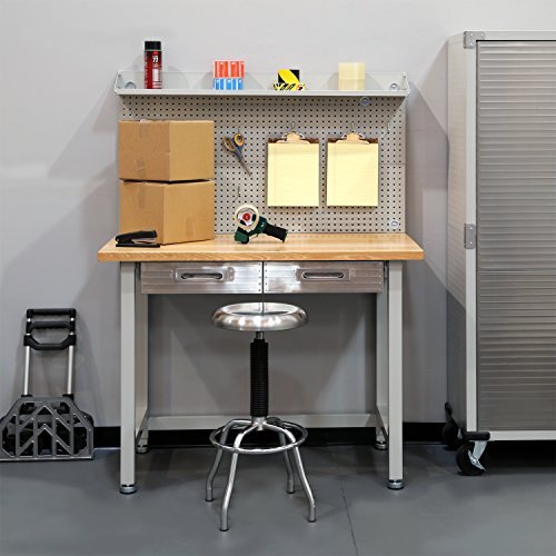 Seville Classics LED Lighted Pegboard Workcenter with 23 Peg Hook Assortment and Drawer Table, 48", Granite Gray