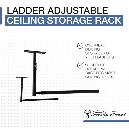 StoreYourBoard Adjustable Overhead Ladder Rack – Garage Organizer Ladder Shelf for Step & Extension Ladders - Storage Racks and Shelving for Garage Organization - Ceiling Mounted - Holds 75 lbs