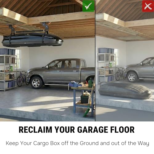 RoakyRoasy Cargo Box Hoist for Garage Ceiling with Metal Pulley System Holds 150 lbs, 5.5" Low-profile Rooftop Carrier Storage Lift, Parallel or Perpendicular Mounted