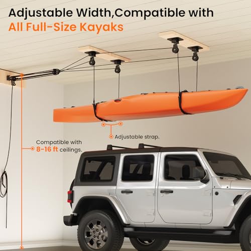 Pacikwest Kayak Hoist for Garage Ceiling, 180 lb Kayak Pulley System for Garage, Heavy Duty Kayak Storage Hoist for 8-16Ft Ceiling,Canoes Lift Storage System