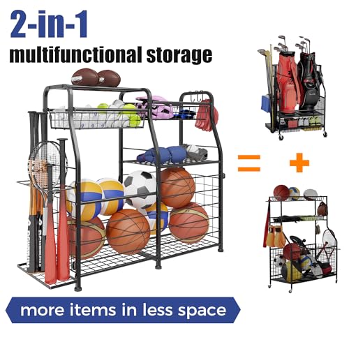 LUMAMU Small Garage Organizer - Sports Equipment Organizer Rack, Ball Storage Rack, Garage Organizer System for Sports Gear and Toys, Indoor/Outdoor Ball and Toy storage, Black