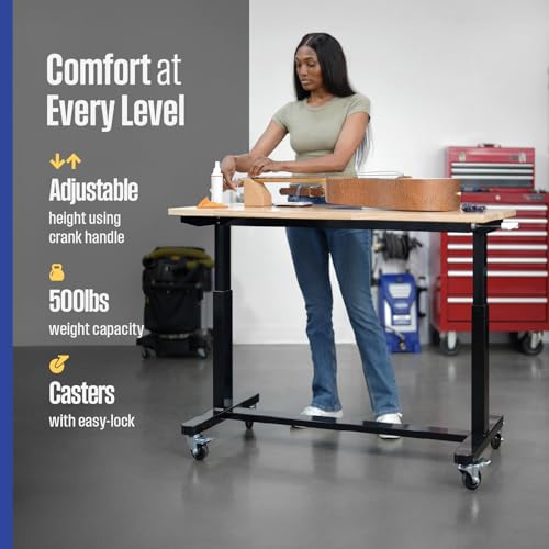 SafeRacks Workbench | 48” Adjustable Hardwood Work Tops | Premium, Standard, or Crank Handle | Rolling Work Station for Garage, Workshop, or Home | Heavy Duty (Crank-Handle)