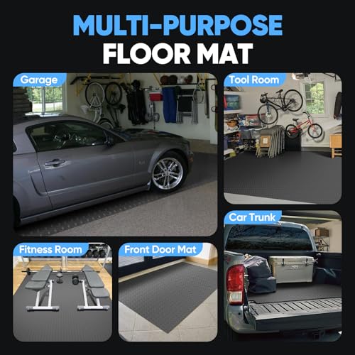 7.5 X 17 FT Rubber Garage Floor Mat, Diamond Plate PVC Mats Thickened Garage Flooring Roll for Under Car, Parking Mat Heavy Duty Non-Slip Protector, for SUV, Trailer, Gym, Shed, Basement (Grey)