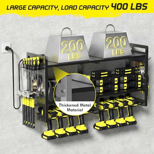 TOPRINCE Large Power Tool Organizer Wall Mount with Charging Station, 3-Tier Heavy Duty Metal Tool Rack with 8 Drill Holders and 6FT Power Strip, Garage Workshop Storage.Black