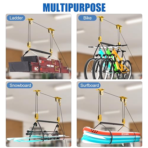 KOSEOO 2 Pack Kayak Hoist for Garage Ceiling Storage, Kayak Lift Pulley System with 85 lbs Capacity for Lightweight Kayak, Ladder, Bike, Surfboard