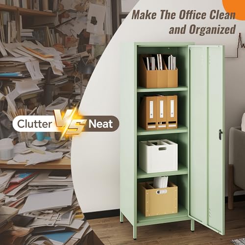 Steehoom Locker Cabinet, 59.06" H Green Metal Locker Storage Cabinet for Employees with Locking Door and 2 Shelves Kids Locker Tool File Cabinets for Garage