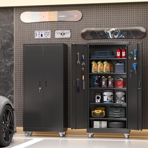 SUXXAN Metal Storage Cabinet with Wheels and Pegboard, 71" Tall Industrial Heavy Duty Steel Cabinet with 5 Adjustable Shelves & Locking Doors for Garage, Office, Pantry, Warehouse, Black