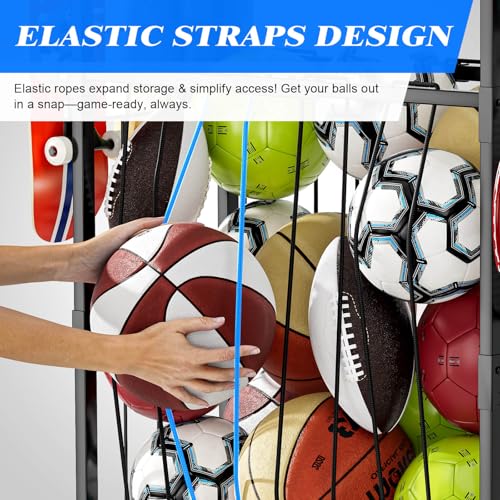 YIWANFW Garage Ball Storage Rack - Sports Equipment Organizer with Wheels, Rolling Sports Ball Cart with Elastic Rope, Outdoor Ball Holder for Basketball Soccer Volleyball Football, Garage Toy Storage