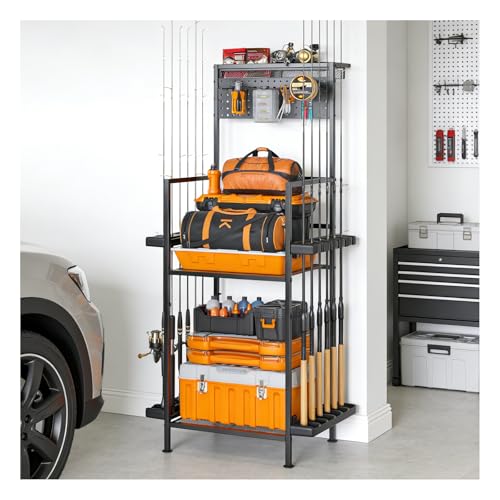 YQSLYSF Fishing Rod Holders for Garage with Pegboard & Metal Mesh Basket, Fishing Rod Storage Rack, Vertical Fishing Pole Holder for Up to 12 Poles, Tackle Gear Organizer