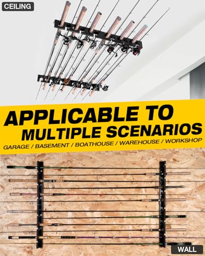 Ghosthorn Fishing Pole Rod Racks Wall or Ceiling Mounted Fishing Pole Rod Holders for Garage Storage Organizer Fishing Gear Equipment for Men Women