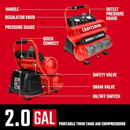 Craftsman 2-Gallon Air Compressor, 1/3 HP Oil-Free Twin Tank, 125 PSI Max – Portable & Quiet for Home DIY, Tire Inflation, Nailing & Spray Painting (Twin Stack)
