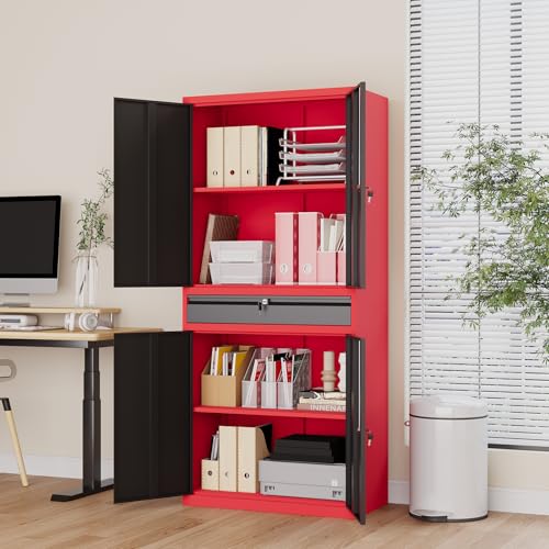 LISSIMO Metal Garage Storage Cabinet with Locking Doors and Drawer, 71" Steel Tool Storage Cabinet with Adjustable Shelves for Garage,Office,Warehouse (Red Black)