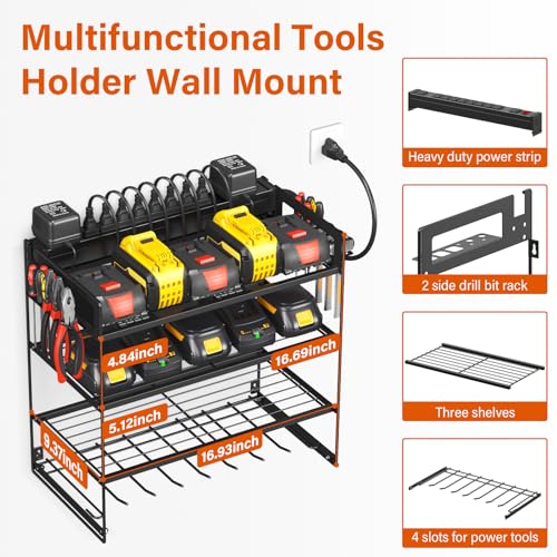 JUNNUJ Power Tool Organizer with 10 Outlet Power Strip, 4 Layer Wall Mount Drill Holder with Charging Station, 4 Drills Storage Shelf Shop Garage Utility Rack, Black