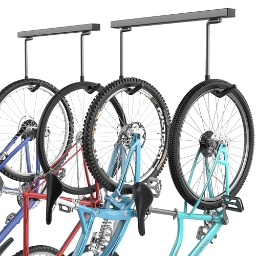 EVERHANGER Ceiling Mounted Bike Racks for Garage, Indoor Bike Storage Hanger with Adjustable Cycling Hooks for 2 to 4 Bikes, Holds up to 260lbs