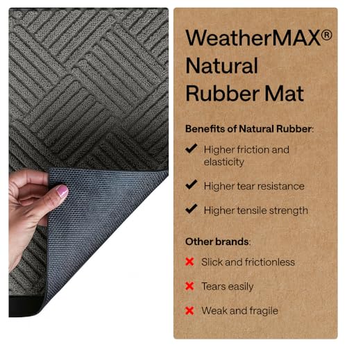 GORILLA GRIP 100% Waterproof All-Season WeatherMAX Doormat US Designed Natural Rubber, Stain Fade Resistant, Low Profile Indoor Outdoor Door Mats, Easy Clean, 29x17 Gray Diamond