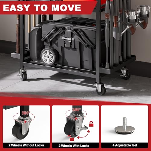 SEEAHEAD Fishing Rod Holders for Garage, Fishing Rod Storage Rack with Hooks & Wheels, Fishing Pole Holder Organizer, Tackle Box & Reel Storage Black