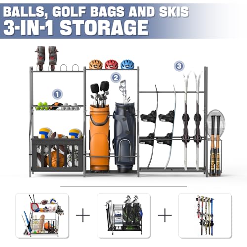 WALMANN Garage Sports Equipment Organizer Stand, Freestanding Ski & Snowboard Storage Rack with Ball Bin and Golf Bag Holder, Multi-Sport Storage for Garage