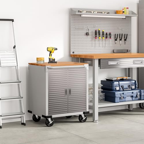 Seville Classics UltraHD Heavy Duty Rolling Cabinet Workbench Table w/Solid Wood Top, Workstation for Garage, Office, Workshop, Granite, 2-Door (28" W x 18" D)
