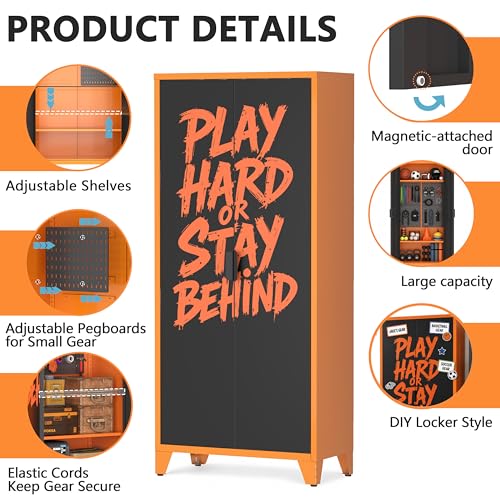 UVGHPW Garage Storage, Sports Equipment Organizer with 2 Adjustable Shelves, 2 Elastic Cords, 4 Pegboards & 5 Hooks, Ball Storage Rack for Garage, Home, Gym, School, Office, Black&Orange