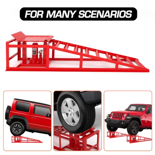 LOCKIETTA 2 PCS Hydraulic Car Ramps 11065LBS 5T Heavy Duty Car Ramp with Hydraulic Jack, Red