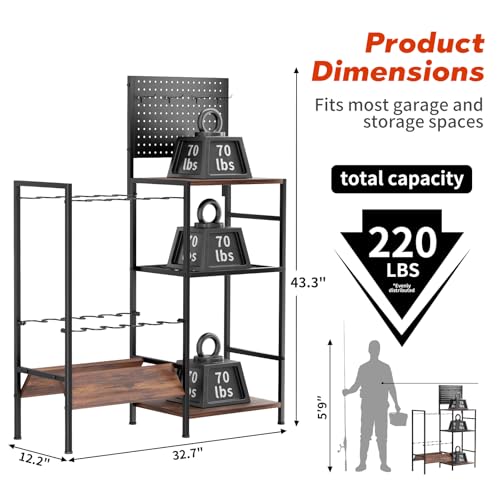 XOOL Fishing Rod Storage Rack for Garage, Holds up to 12 Rods, Heavy Duty Fishing Gear Organizer with Pegboard, 3-Tier Metal Stand with Shelves, Hooks & Accessory Storage