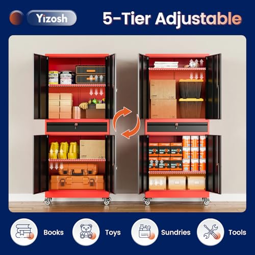 Yizosh Metal Garage Storage Cabinet with Locking Doors and Adjustable Shelves,- 73" Rolling Tool Storage Cabinet with 4 Wheels and 1 Drawer for Garage,Warehouse (Red Black)