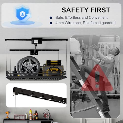 LoJok Garage Ceiling Storage Lift, Manual Overhead Hoist Rack with 5" Safety Railing, 4x4 Ft Heavy Duty Metal Platform, 300 lbs Capacity, Includes Dust Cover & Straps, Black (Triangular Style)
