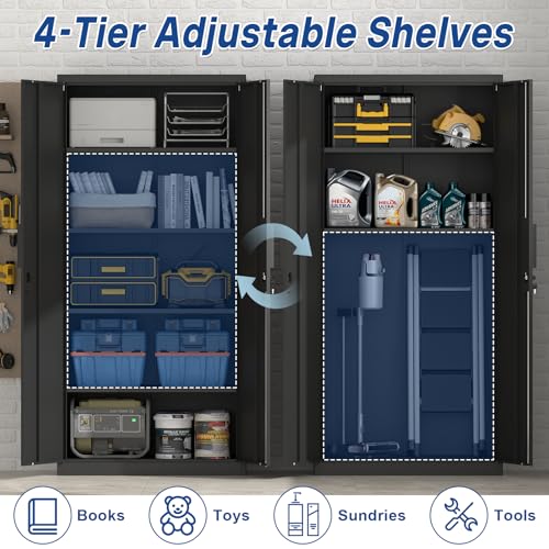 FATIGOS 72''H Tall Metal Garage Storage Cabinet with Lock, 18'' Deep Metal Storage Cabinets with Doors and 4 Adjustable Shelves, Heavy Duty Steel Locker for Laundry Room, Warehouse, Home Office, Black
