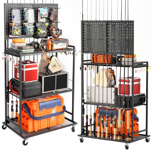 SOYEEZE Large Size Fishing Rod Holders for Garage, 3-Tier Fishing Pole Rack with Pegboard and Hooks, Fishing Gear Tackle Box Organizer Up to 12 Rods, Rolling Fishing Storage Cart with Lockable Wheels