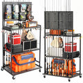 SOYEEZE Large Size Fishing Rod Holders for Garage, 3-Tier Fishing Pole Rack with Pegboard and Hooks, Fishing Gear Tackle Box Organizer Up to 12 Rods, Rolling Fishing Storage Cart with Lockable Wheels