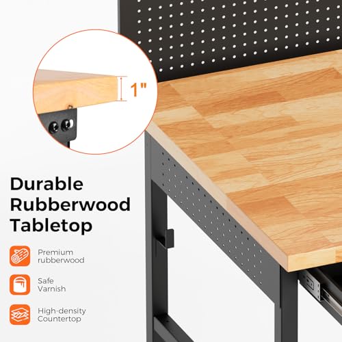 60" Adjustable Work Bench with Drawers, Workbench for Garage with Strip Light, Work Table with Large Pegboard, 2000 LBS Heavy Duty Table with Power Outlet Rubber Wood for Office, Workshop